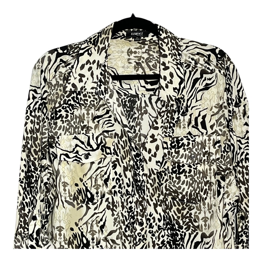 Elementz Woman Mixed Animal Print Button Up Blouse Plus 3X Black‎ Tan WSTB0558 - Picture 2 of 10